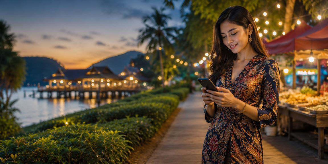 Pemain Langkawi mengakses promosi bm69 melalui telefon pintar dengan pakaian batik